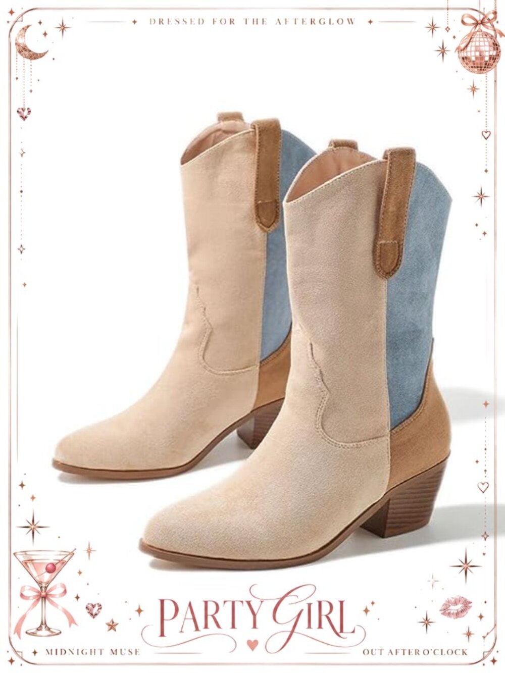Faux Suede Western Cowboy Boots Mid-Calf Stacked Heel Pointed Toe